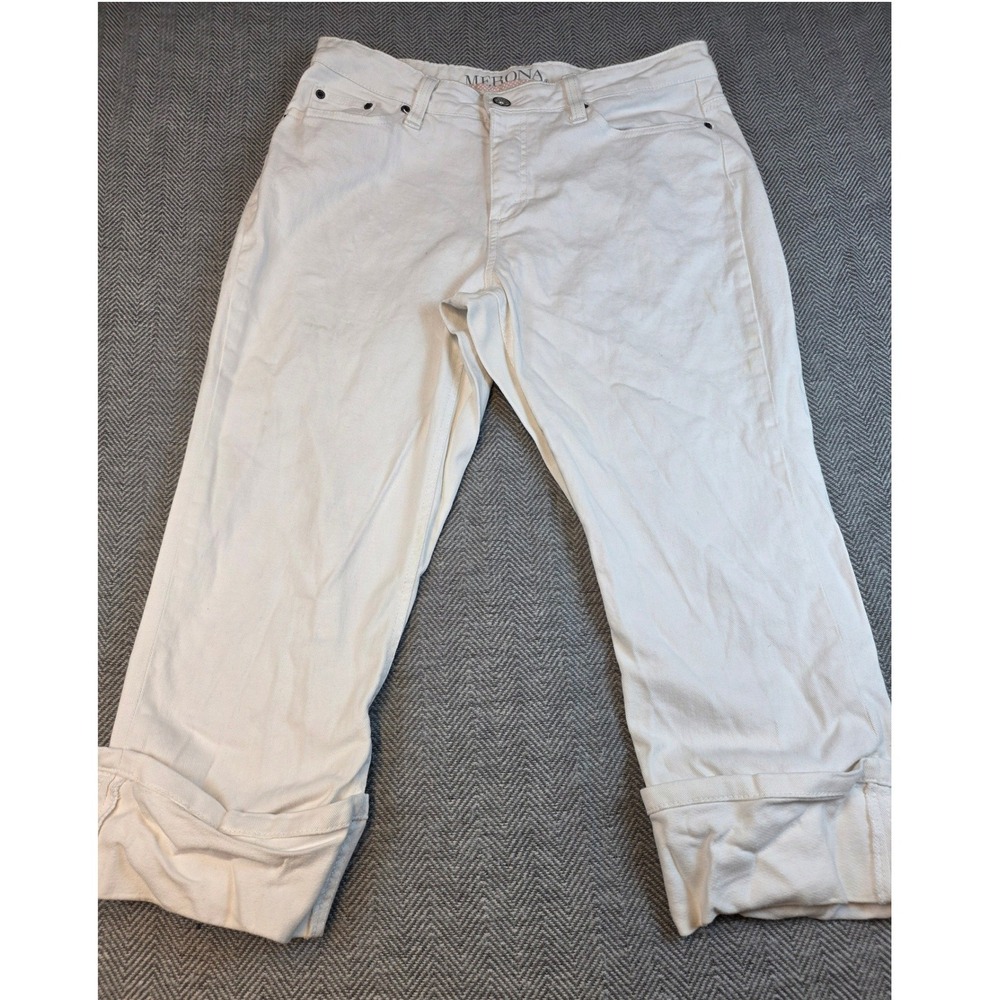Merona Womens Off White Cuffed Crop Pants Fit 1 Size 14R Cotton Stretch Capris